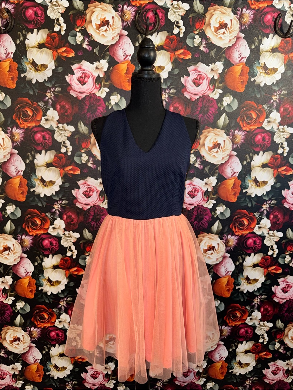 NWT - Annabella Navy Bodice Peach Tulle Feminine Sweet Whimsical Dress, Medium